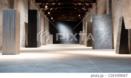 Contemporary sculptures line the spacious interior of a post-industrial art gallery 126399067