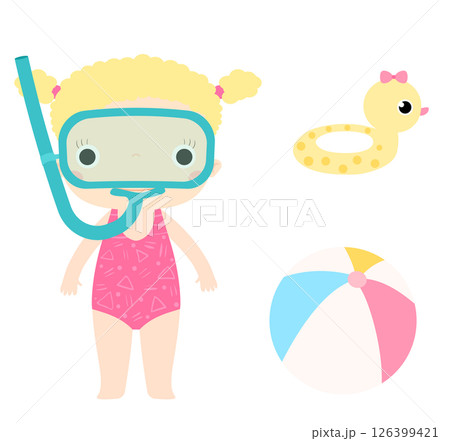 Little snorkeling girl in swimsuit , beach ball and swimming ring 126399421