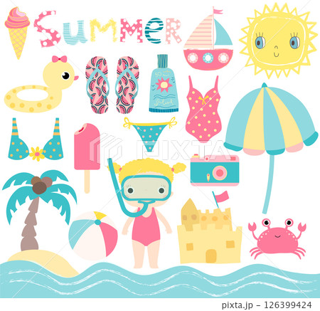 Cute summer set in pink, blue and yellow colors with beach design elements and characters for children birthday parties and baby showers Cute summer set in pink, blue and yellow colors with beach design elements and characters for children birthday parties and baby showers 126399424