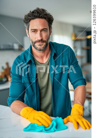 Man in gloves wiping kitchen counter with serious expression 126399610