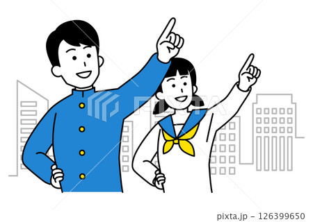 街中で遠くを指差す学生の男女 126399650