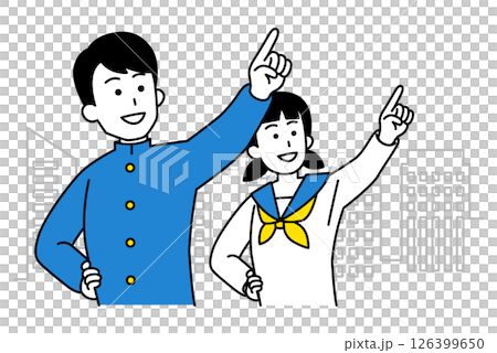 街中で遠くを指差す学生の男女 126399650