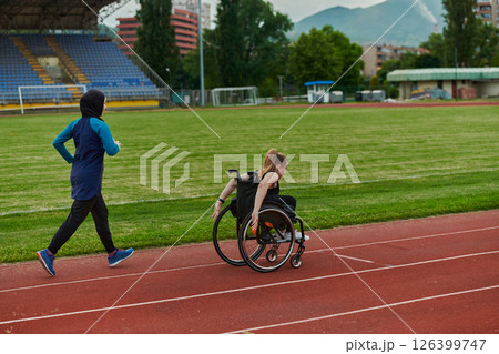 A Muslim woman in a burqa running together with a woman in a wheelchair on the marathon course, preparing for future competitions. 126399747