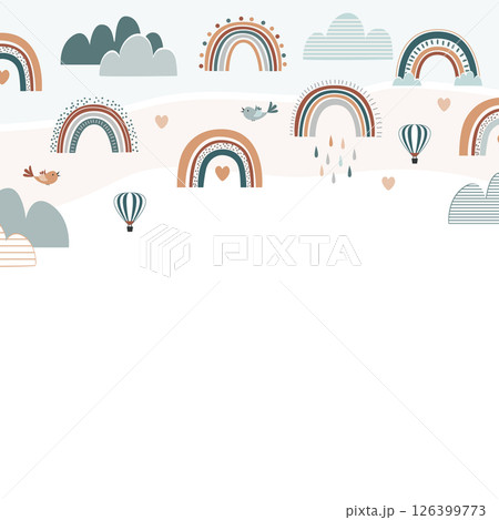 Cute Boho Rainbow frame border with hearts, clouds, birds, and hot air balloons. Pastel colors and Scandianvian style background. Vector illustration. 126399773