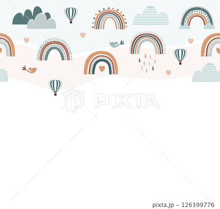 Cute Boho Rainbow seamless border with hearts, clouds, birds, and hot air balloons. Pastel colors and Scandianvian style background. Vector illustration Cute Boho Rainbow seamless border with hearts, clouds, birds, and hot air balloons. Pastel colors and Scandianvian style background. Vector illustration 126399776