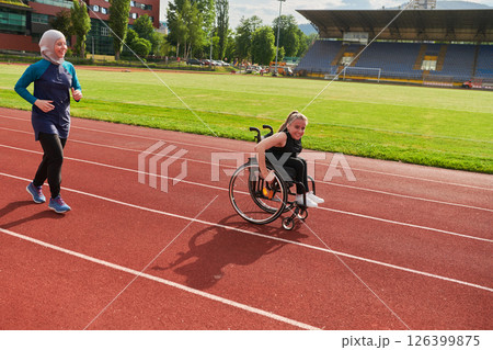 A Muslim woman in a burqa running together with a woman in a wheelchair on the marathon course, preparing for future competitions. 126399875