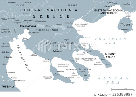Thessaloniki and Chalkidiki, regional units of Greece, gray political map. Thessaloniki, 2nd-largest city in Greece, Chalkidiki, a large penisula in the Aegean Sea, and autonomous Mount Athos region. Thessaloniki and Chalkidiki, regional units of Greece, gray political map. Thessaloniki, 2nd-largest city in Greece, Chalkidiki, a large penisula in the Aegean Sea, and autonomous Mount Athos region. 126399987