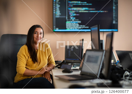 A businesswoman sitting in a programmer's office surrounded by computers, showing her expertise and dedication to technology. A businesswoman sitting in a programmer's office surrounded by computers, showing her expertise and dedication to technology. 126400077
