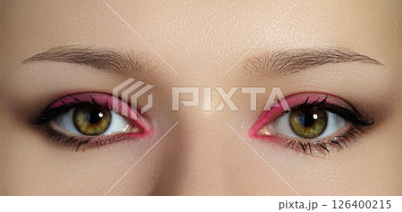 Closeup Macro of Woman Face with Pink Eyes Make-up. Fashion Celebrate Makeup, Glow Clean Skin Closeup Macro of Woman Face with Pink Eyes Make-up. Fashion Celebrate Makeup, Glow Clean Skin 126400215