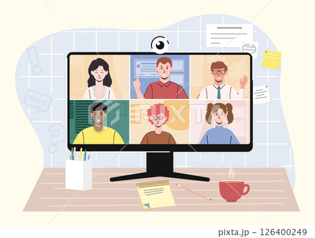 Cartoon Color Characters People and Remote Work Calling Concept Flat Design Style. Vector illustration of Videoconference 126400249