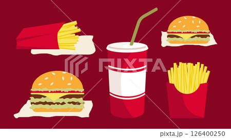 Cartoon Color Different Types Fast Food Set Concept Flat Design Style. Vector illustration of Burger and Soda 126400250