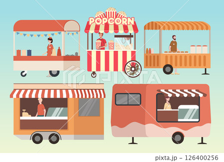 Cartoon Color Different Types Food Truck Set Street Cart with Burger and Popcorn Concept Flat Design Style. Vector illustration 126400256