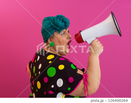 Colorful Retro Woman Shouting Through a Megaphone Colorful Retro Woman Shouting Through a Megaphone 126400269
