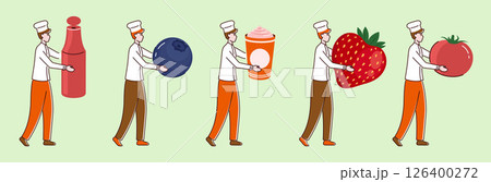 Cartoon Color Tiny Characters Boy Holding Food Products Concept Flat Design Style. Vector illustration of Person and Ingredients 126400272