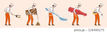 Cartoon Color Tiny Characters People Holding Kitchen Appliances Concept Flat Design Style. Vector illustration of Person and Fork, Sauce Bottle, Berry 126400273