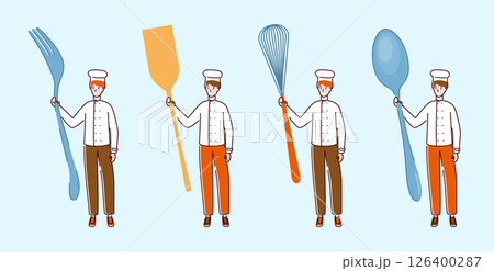 Cartoon Color Tiny Characters Boy Holding Kitchen Appliances Concept Flat Design Style. Vector illustration Cartoon Color Tiny Characters Boy Holding Kitchen Appliances Concept Flat Design Style. Vector illustration 126400287