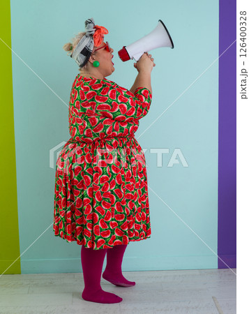 Colorful Retro Woman Shouting Through a Megaphone 126400328