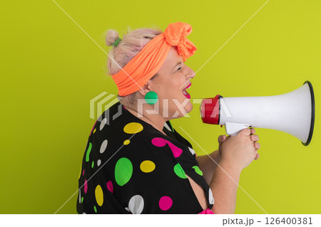 Colorful Retro Woman Shouting Through a Megaphone 126400381