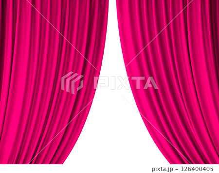 Photo of pink stage curtain isolated on white background. 126400405