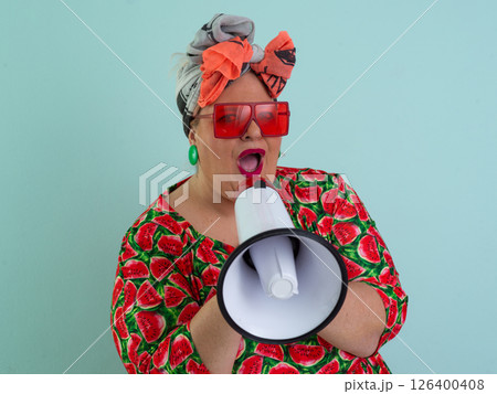 Colorful Retro Woman Shouting Through a Megaphone 126400408