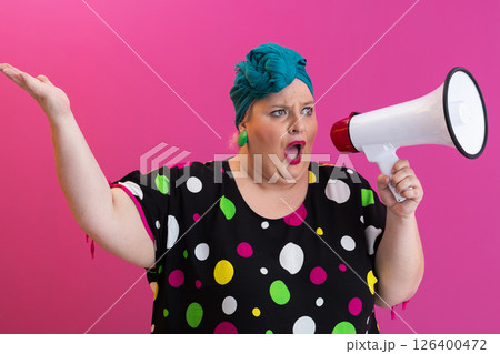 Colorful Retro Woman Shouting Through a Megaphone 126400472