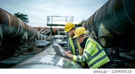 Title: Engineers in Safety Gear Working with Laptops at Construction Site.Generated image 126400518