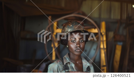 Portrait of an African American Woman in Protective Gear on Oilfield.Generated image 126400521