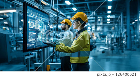 Engineers Inspecting Conveyor Belt Quality in a Modern Factory. Generated image  126400621