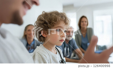 Child Undergoing Medical Checkup with a Doctor, While Concerned Adults Observe in the Background. Generated image 126400998