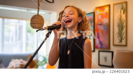 Happy Girl Pretending to Sing on Stage with a Microphone.Generated image 126401023