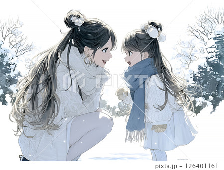 冬の公園を散歩する子供と母親のイラスト素材 126401161