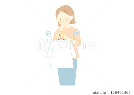 洗濯物から嫌な匂いがして鼻を押さえる女性のイラスト 126401463
