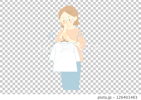 洗濯物から嫌な匂いがして鼻を押さえる女性のイラスト 126401463