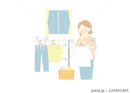 雨の日に部屋干しした洗濯物が臭って嫌がる女性のイラスト 雨の日に部屋干しした洗濯物が臭って嫌がる女性のイラスト 126401465