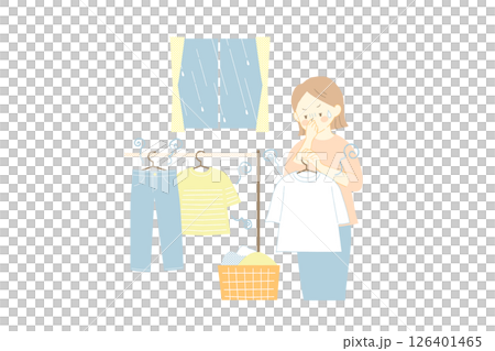 雨の日に部屋干しした洗濯物が臭って嫌がる女性のイラスト 雨の日に部屋干しした洗濯物が臭って嫌がる女性のイラスト 126401465