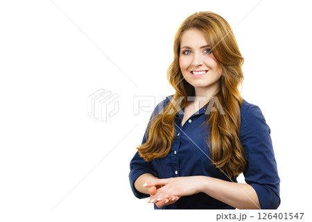 Smiling woman with long healthy brown hair Smiling woman with long healthy brown hair 126401547