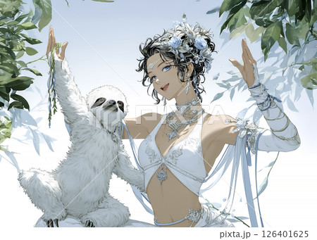 ナマケモノと一緒にヨガをするナマケモノの妖精のイラスト素材 126401625