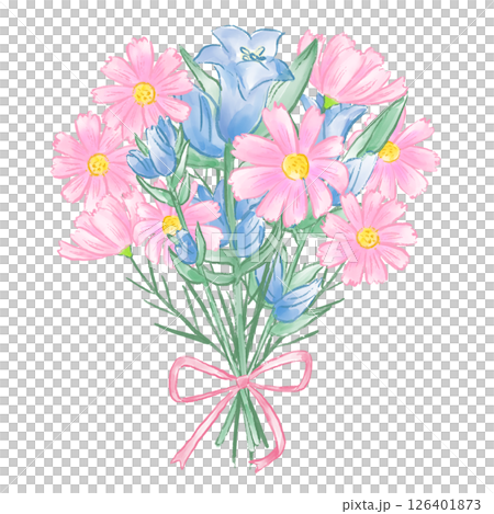 コスモスとりんどうの花束、優しい手描き水彩イラスト、秋、敬老の日 126401873