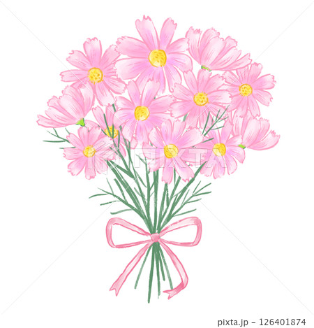 ピンクのコスモスの花束、優しい手描き水彩イラスト、秋、敬老の日 ピンクのコスモスの花束、優しい手描き水彩イラスト、秋、敬老の日 126401874