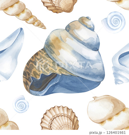 Watercolor seamless pattern with seashells on a white background. A pattern with a marine theme. Watercolor illustration. For wallpaper design, packaging. Watercolor seamless pattern with seashells on a white background. A pattern with a marine theme. Watercolor illustration. For wallpaper design, packaging. 126401981