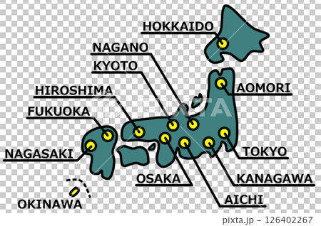 日本著名旅遊景點和主要城市的地圖插圖 126402267