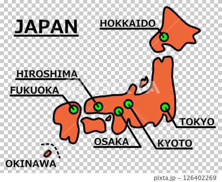 日本著名旅遊景點和主要城市的地圖插圖 126402269