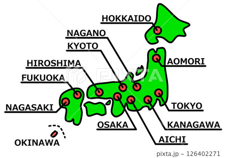 日本で有名な観光地や主要都市の地図イラスト 日本で有名な観光地や主要都市の地図イラスト 126402271