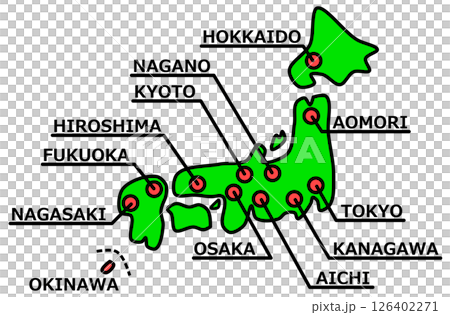 日本著名旅遊景點和主要城市的地圖插圖 126402271