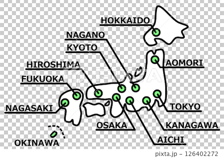日本著名旅遊景點和主要城市的地圖插圖 126402272
