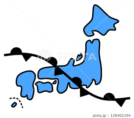 梅雨の時期の日本列島付近に発生する梅雨前線イラスト 梅雨の時期の日本列島付近に発生する梅雨前線イラスト 126402294