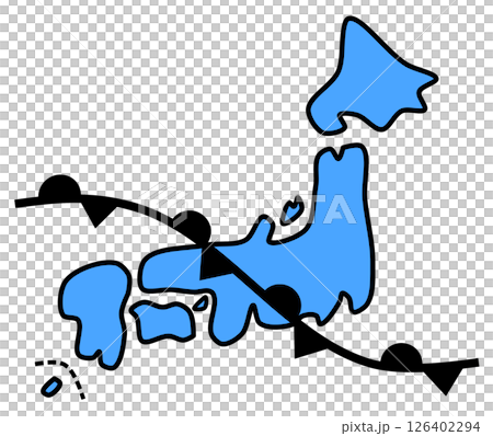 梅雨の時期の日本列島付近に発生する梅雨前線イラスト 梅雨の時期の日本列島付近に発生する梅雨前線イラスト 126402294