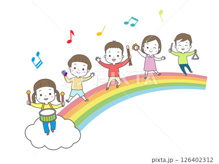 虹の上で楽しそうに楽器を演奏している子供たち 虹の上で楽しそうに楽器を演奏している子供たち 126402312