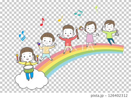 虹の上で楽しそうに楽器を演奏している子供たち 虹の上で楽しそうに楽器を演奏している子供たち 126402312