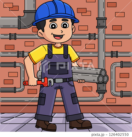 Construction Worker Plumber Colored Cartoon Construction Worker Plumber Colored Cartoon 126402550